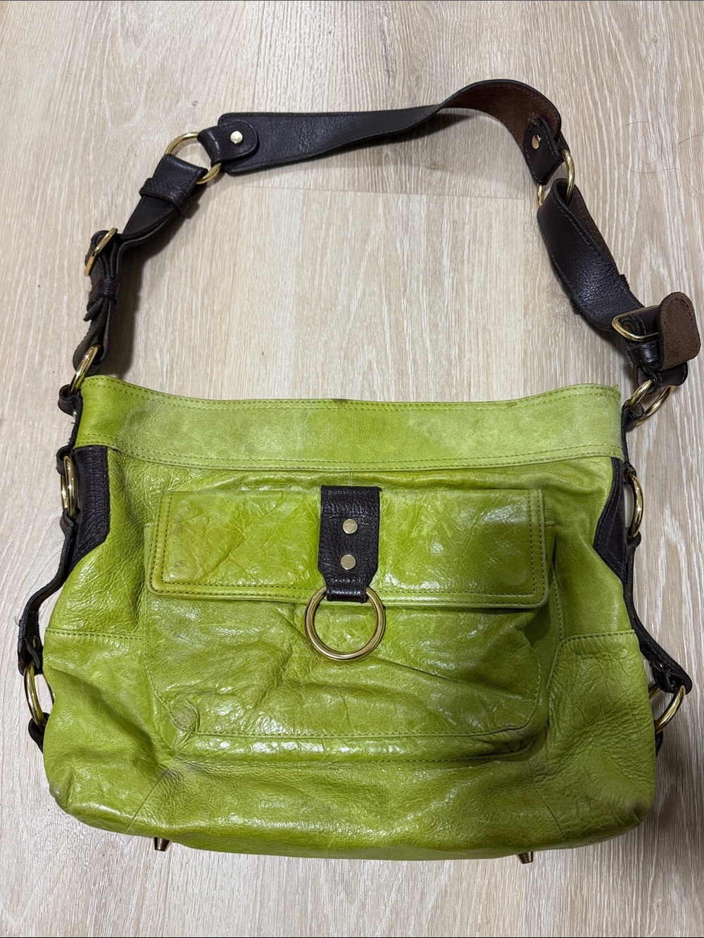 Lime Green Leather Shoulder Bag with Dark Brown Strap